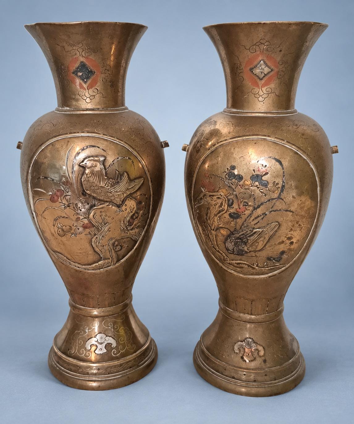 Antique Pair of Meiji Style Mixed-Metal Vases, Bird, Bamboo and Rock Panels in Copper, Gold and Silver Tones