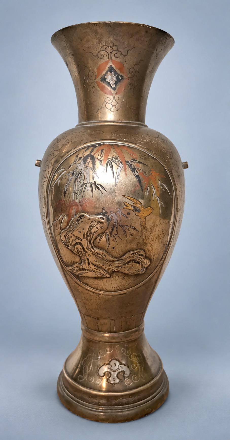 Antique Pair of Meiji Style Mixed-Metal Vases, Bird, Bamboo and Rock Panels in Copper, Gold and Silver Tones