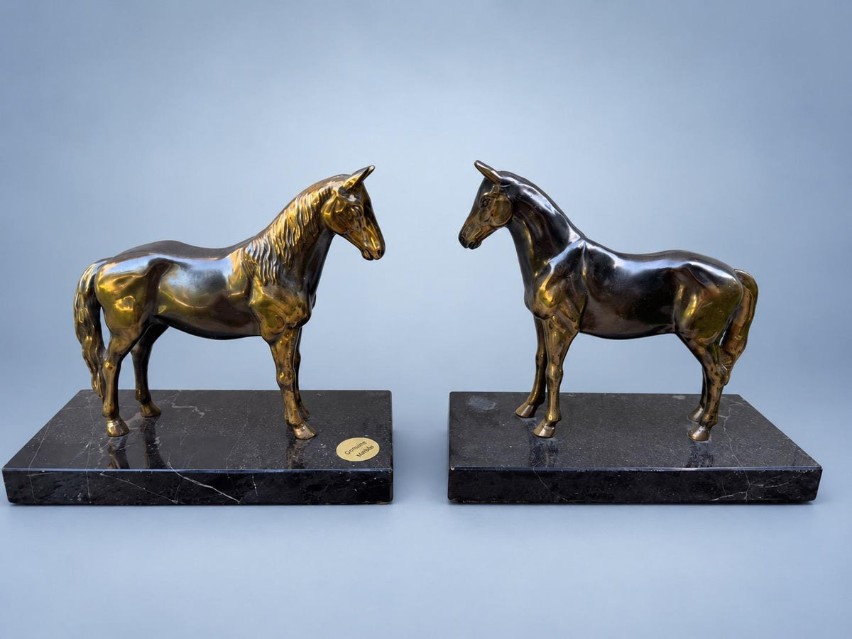 Vintage Pair of Standing Horse Bookends, Bronze-Tone Metal on Black Veined Marble Bases