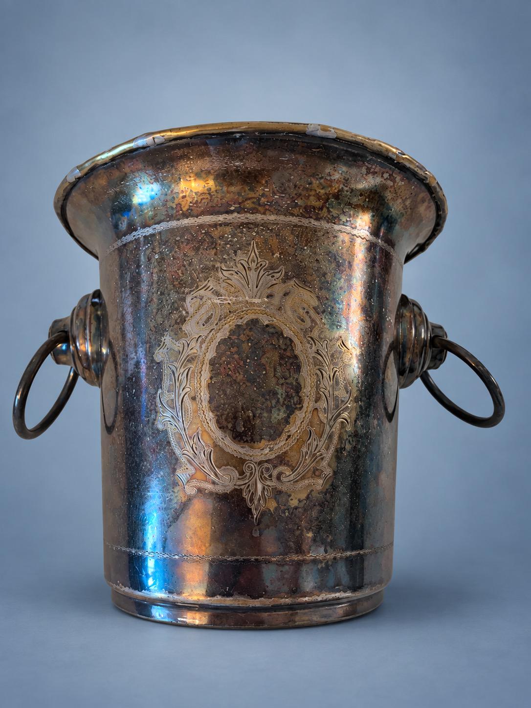 Vintage Silver-Tone Champagne Bucket with Engraved Scroll Cartouche and Ring Handles, Early 20th Century
