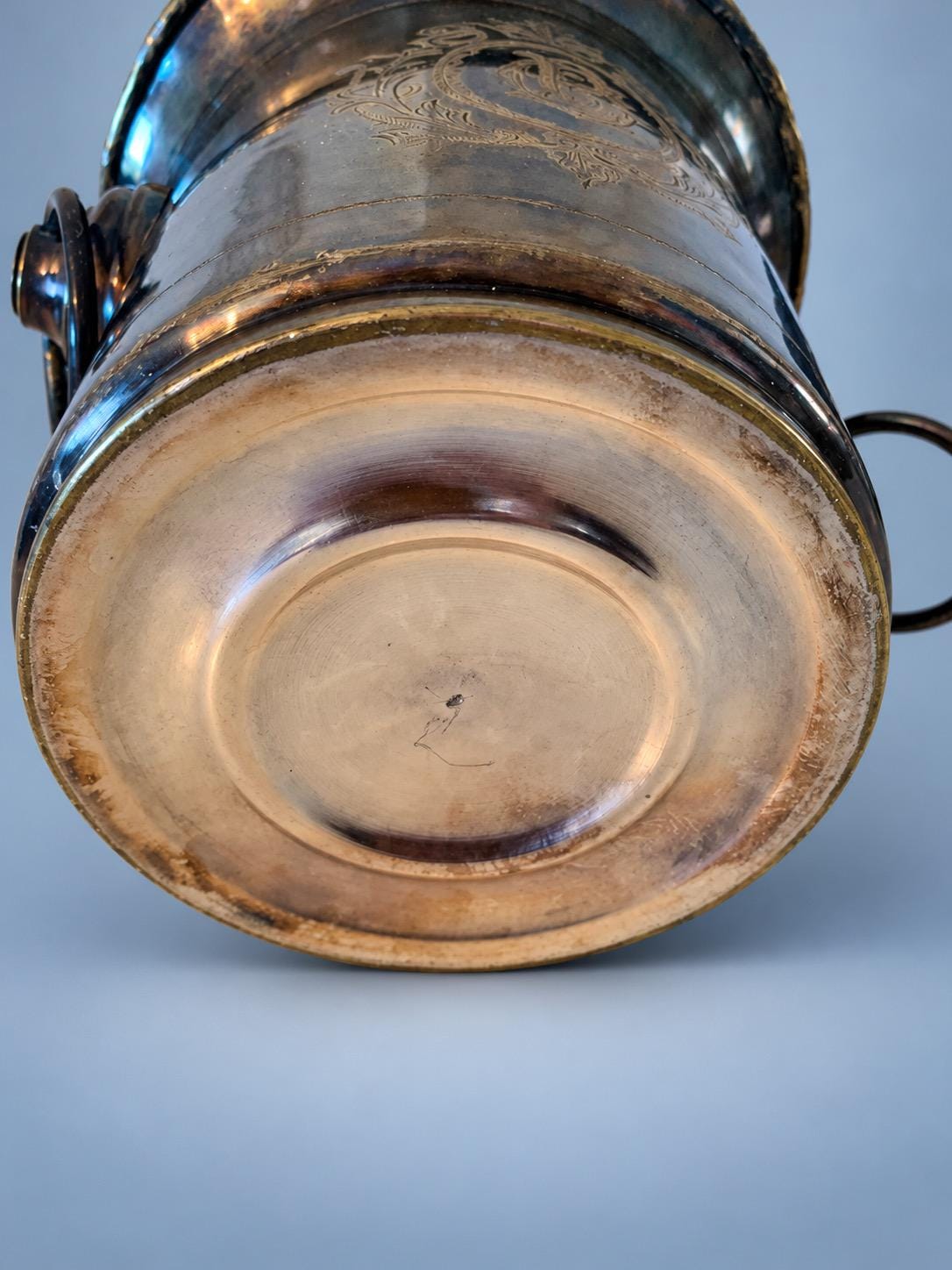 Vintage Silver-Tone Champagne Bucket with Engraved Scroll Cartouche and Ring Handles, Early 20th Century