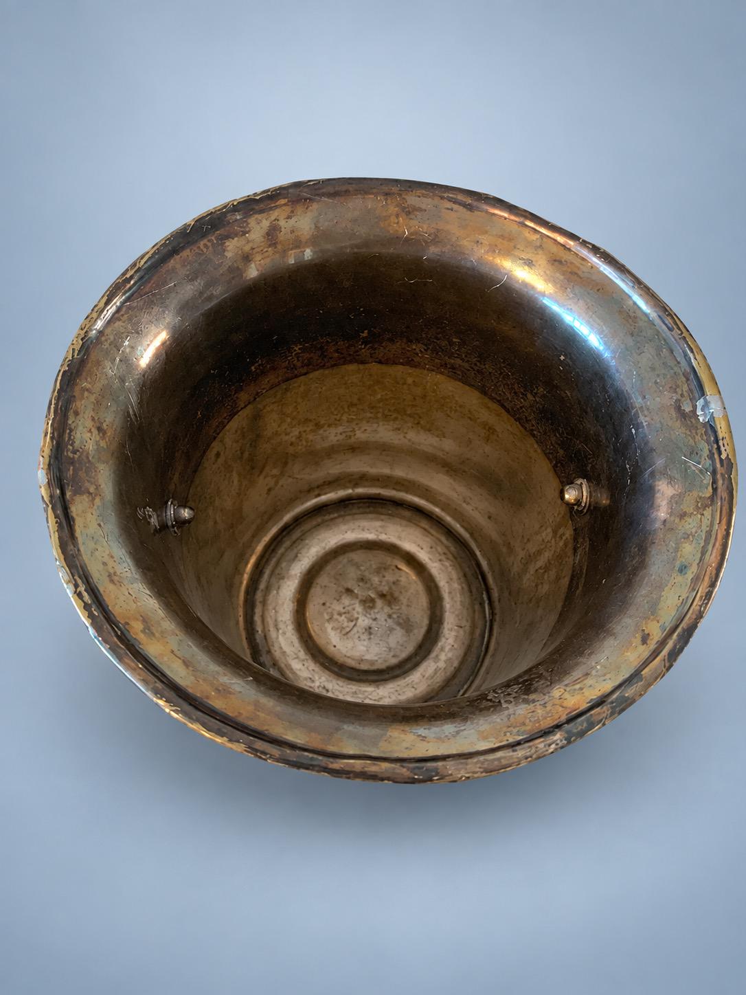 Vintage Silver-Tone Champagne Bucket with Engraved Scroll Cartouche and Ring Handles, Early 20th Century