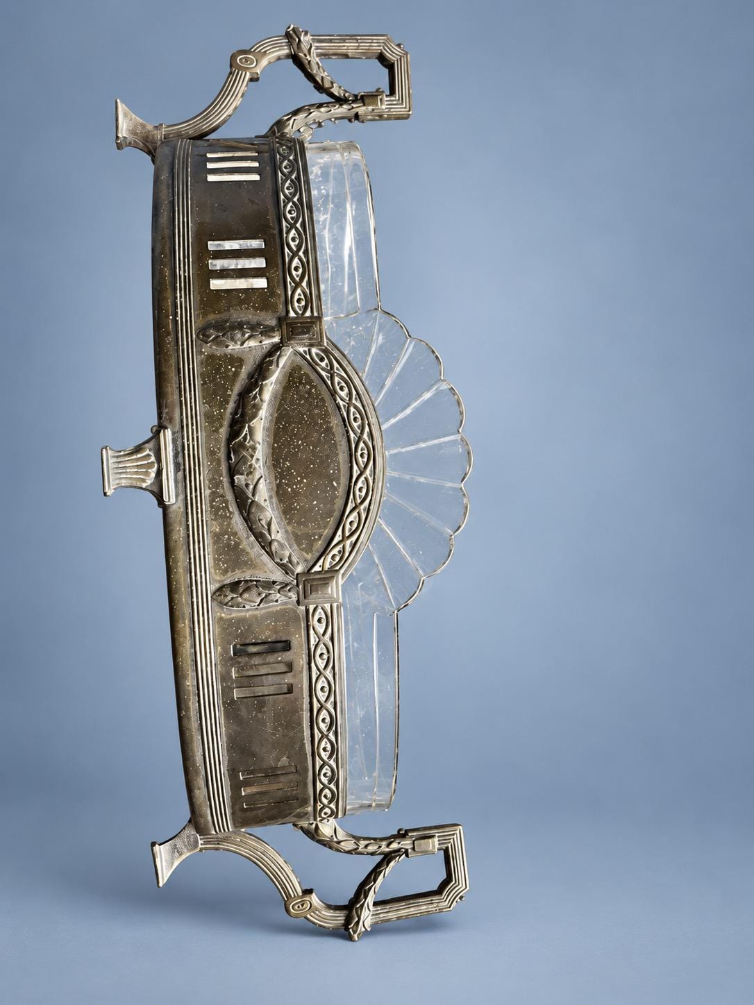 Vintage Neoclassical Style Silver-Tone Oval Jardinière Centrepiece with Laurel Cartouche, Pierced Sides and Fan-Shaped Cut Glass Liner