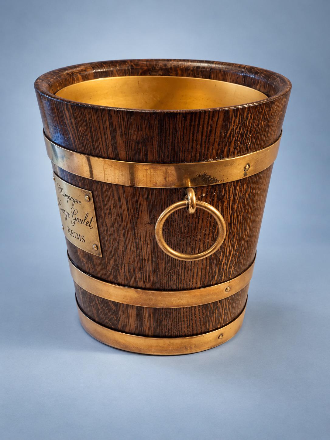Vintage George Goulet Champagne Advertising Bucket, Coopered Wooden Staves with Copper-Tone Bands and Ring Handles