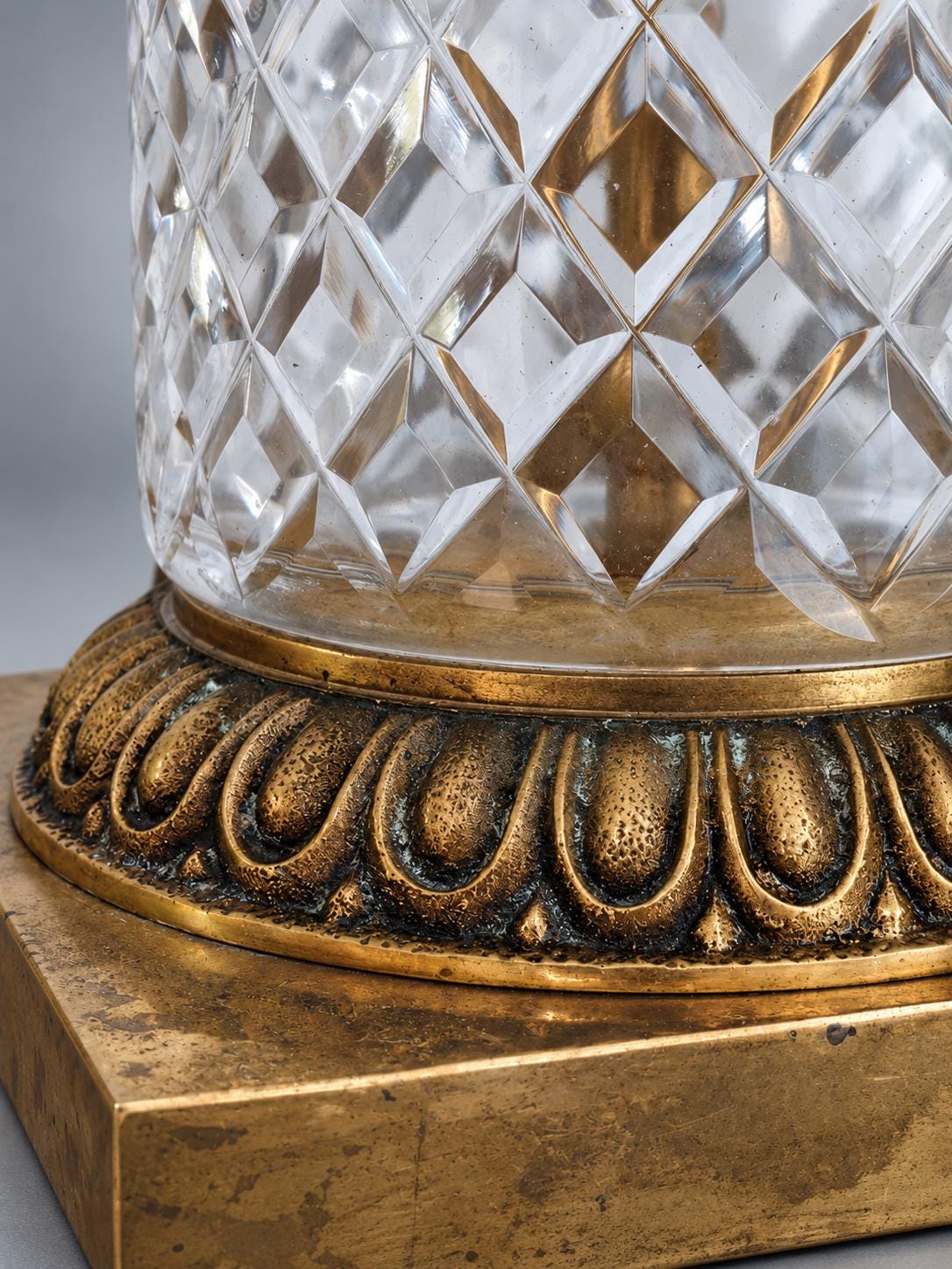 Vintage French Cut Crystal and Gilt Bronze Table Lamp Base, Neoclassical Style — France, circa 1950-1970