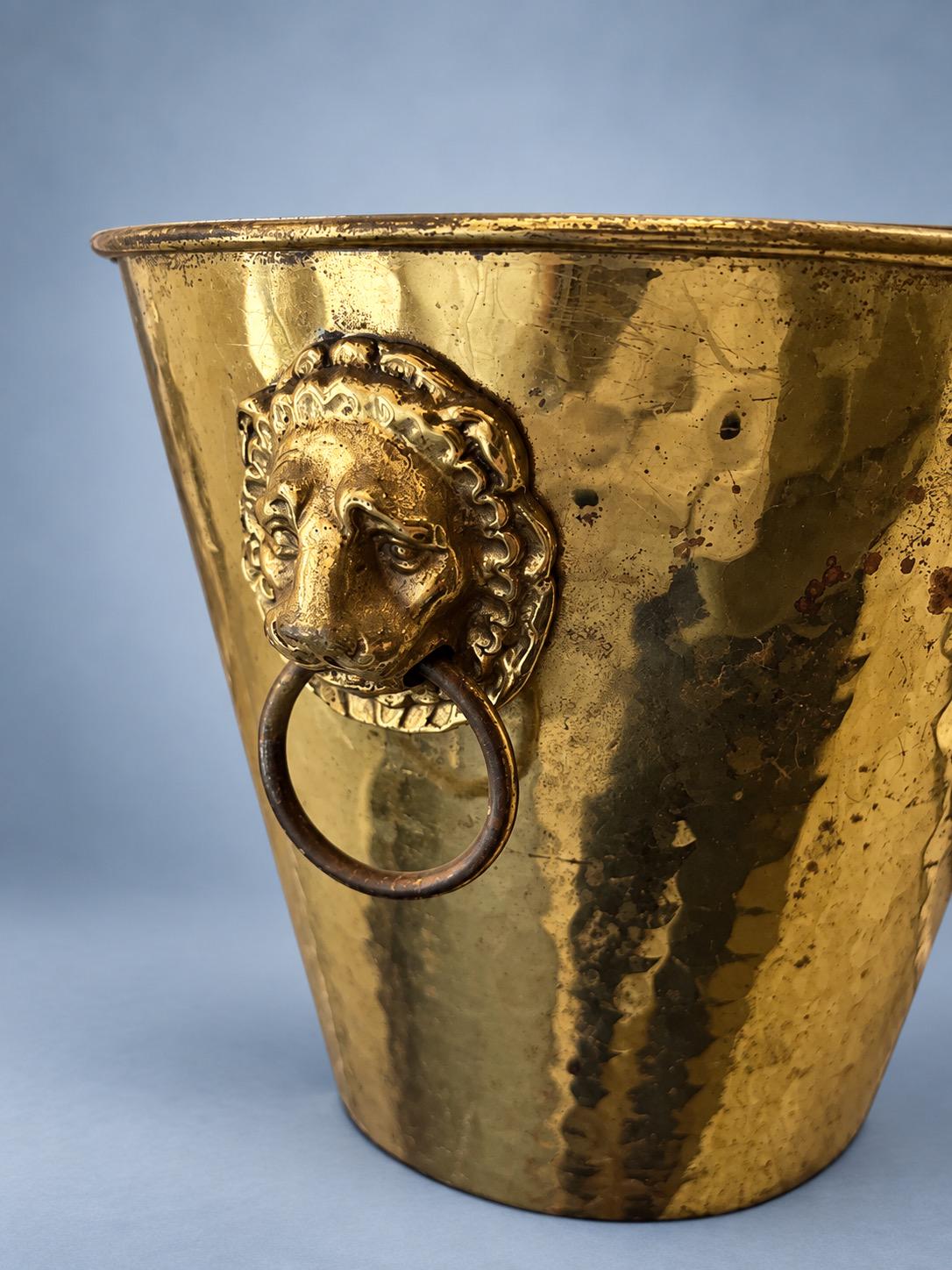 Vintage Hammered Brass-Tone Champagne Bucket with Lion Mask Ring Handles, Hollywood Regency Style