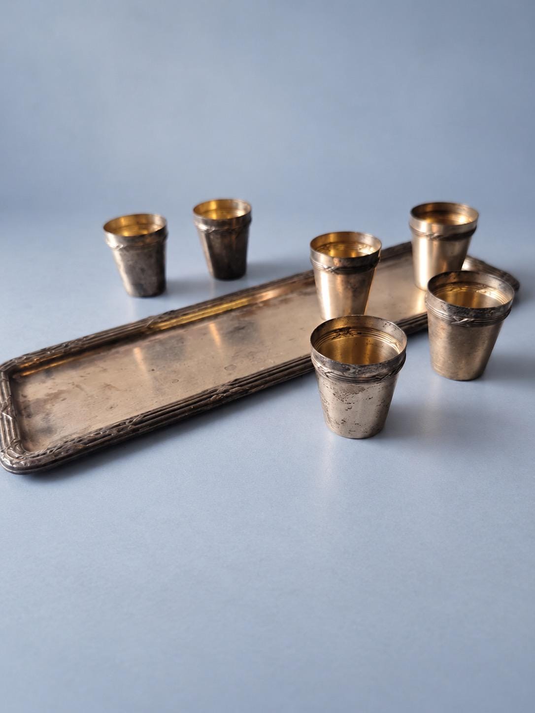 Vintage Silver-Tone Liqueur Set, Rectangular Tray with Reeded Border and Six Small Beakers with Laurel Bands