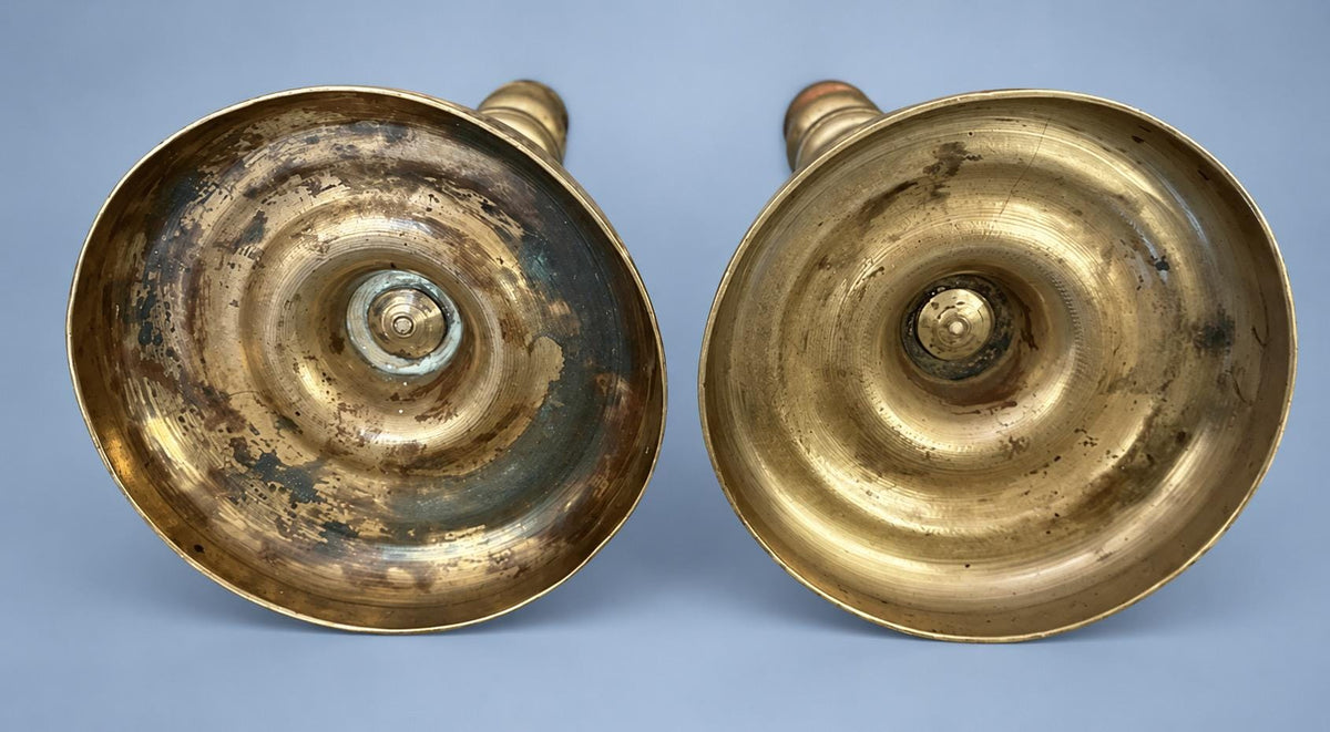 Antique Pair of Empire Style Brass-Tone Candlesticks with Ringed Shafts and Chased Diaper Bands, 19th Century