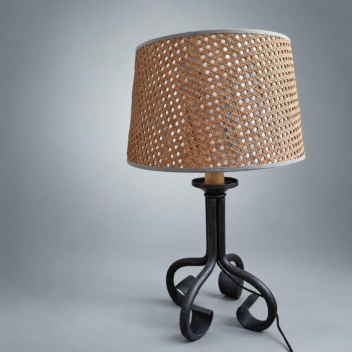 Vintage Brutalist Wrought Iron Table Lamp, Woven Cane Shade — France, circa 1970