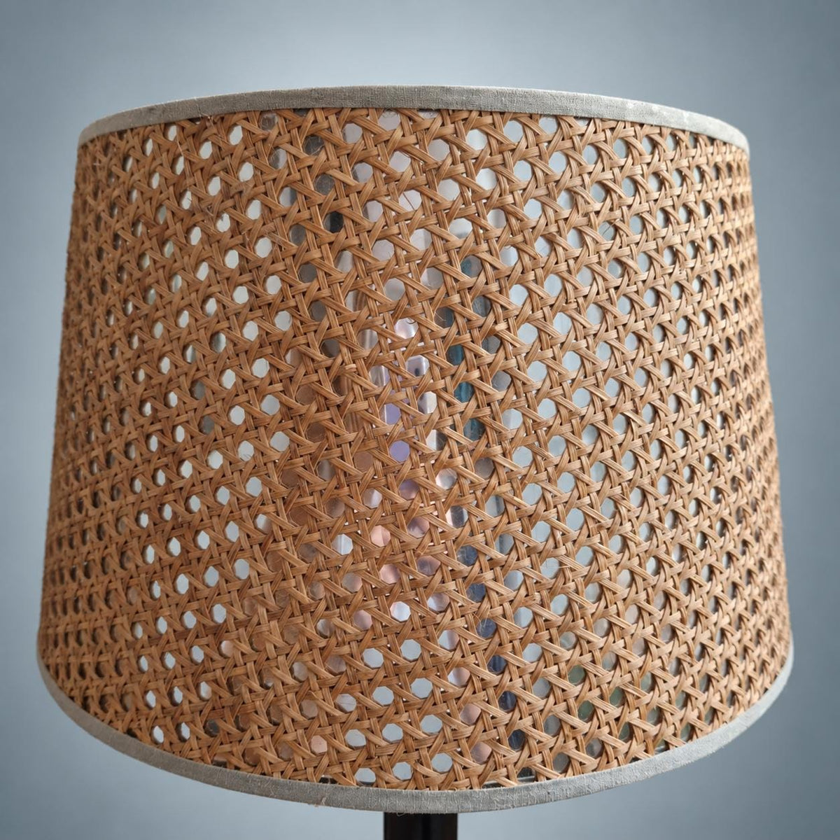 Vintage Brutalist Wrought Iron Table Lamp, Woven Cane Shade — France, circa 1970