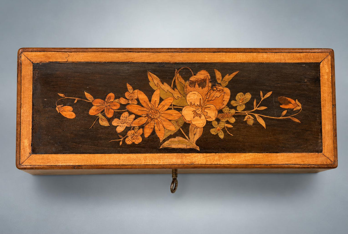 Antique French Marquetry Wood Glove Box, Floral Inlay, Napoleon III Louis Philippe Style — France, 19th Century