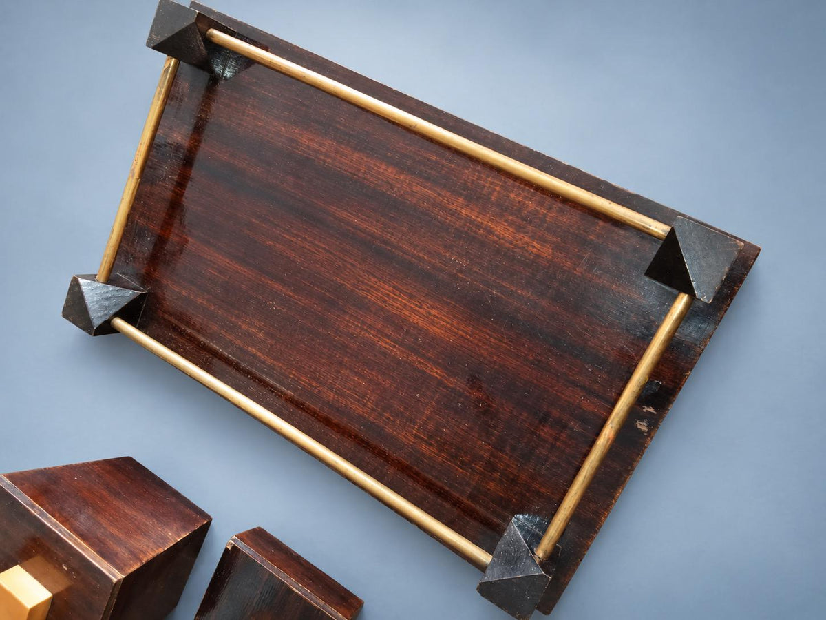 Vintage Art Deco Style Striped Wood Veneer Smoking Tray with Three Lidded Boxes and Brass-Tone Rails