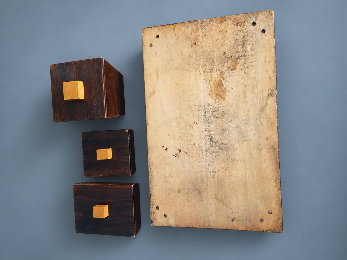 Vintage Art Deco Style Striped Wood Veneer Smoking Tray with Three Lidded Boxes and Brass-Tone Rails