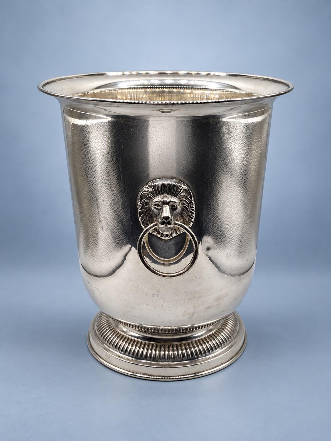 Vintage Silver-Tone Champagne Bucket with Lion Mask Ring Handles and Fluted Pedestal Base, Regency Style