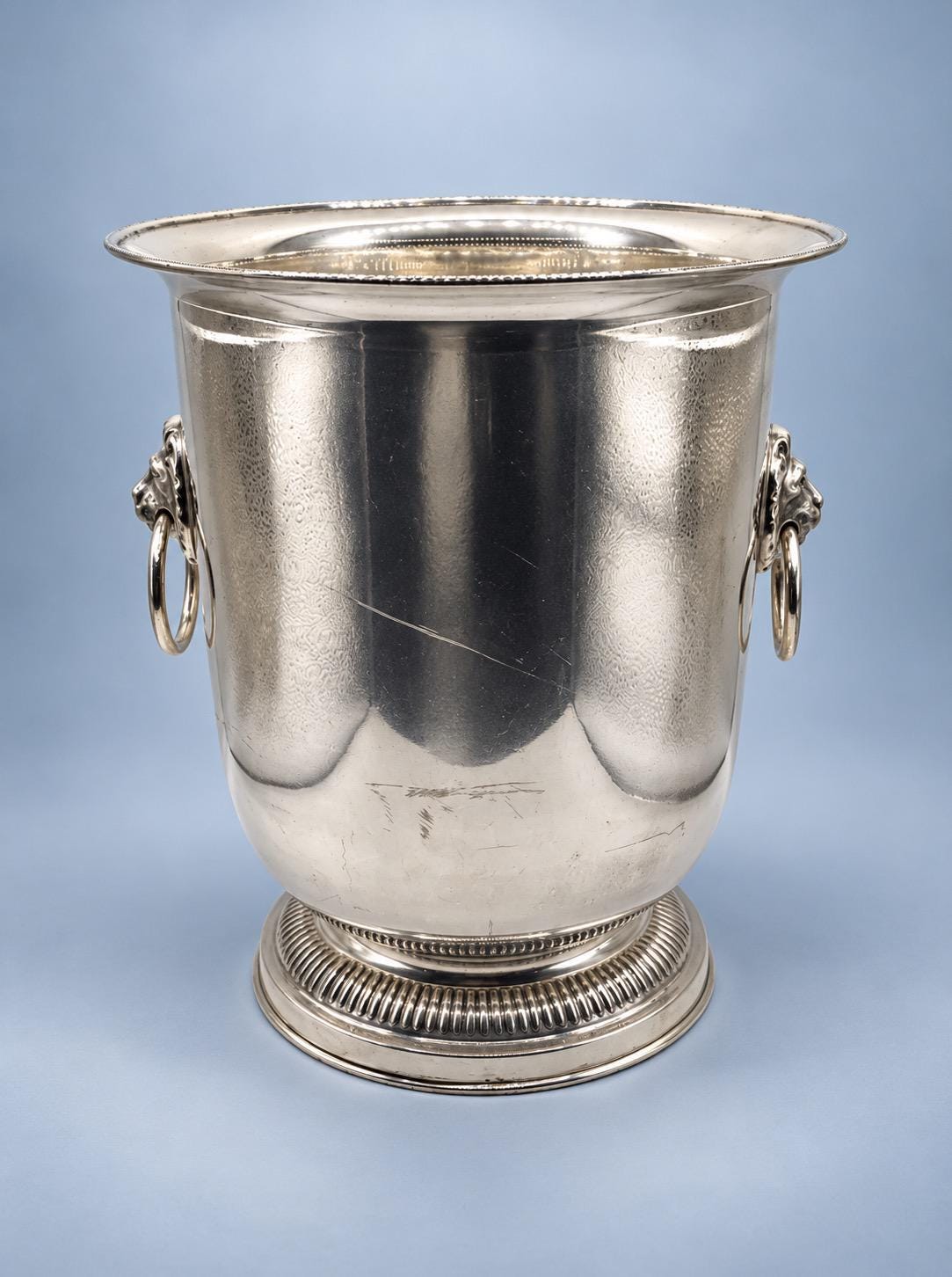 Vintage Silver-Tone Champagne Bucket with Lion Mask Ring Handles and Fluted Pedestal Base, Regency Style