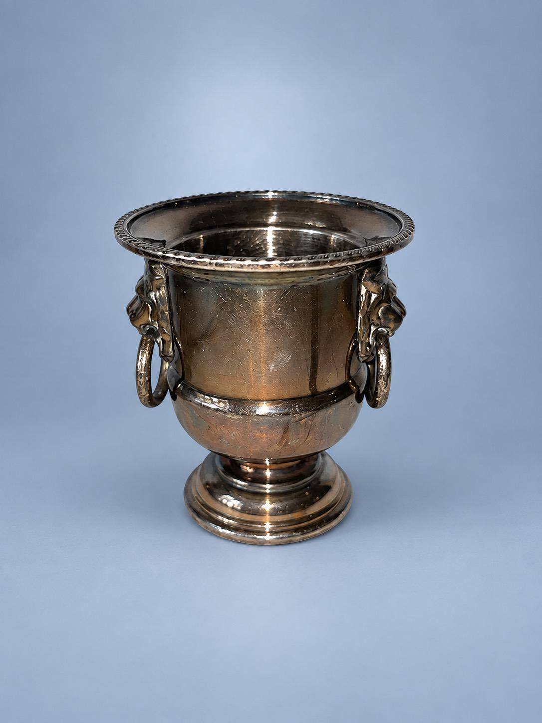 Vintage Miniature Silver-Tone Champagne Bucket Cigarette Cup with Lion Mask Ring Handles, Regency Style