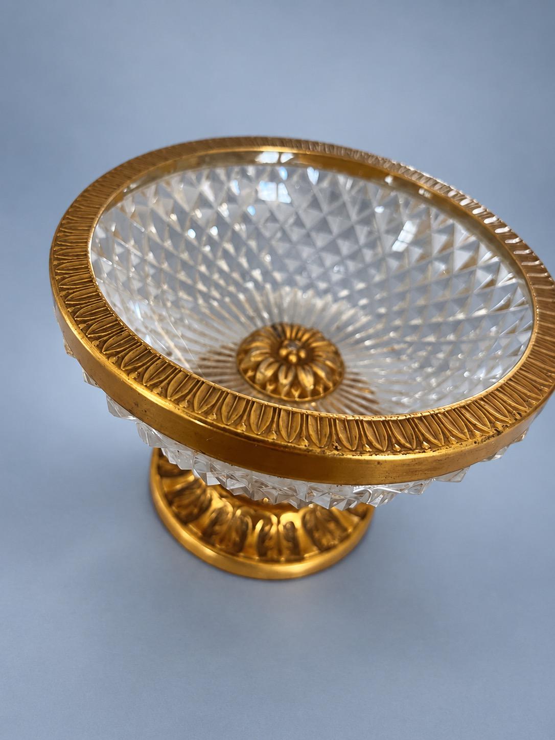 Vintage Small Footed Cut Glass Bowl with Gilt Metal Rim and Pedestal, Diamond Point Pattern
