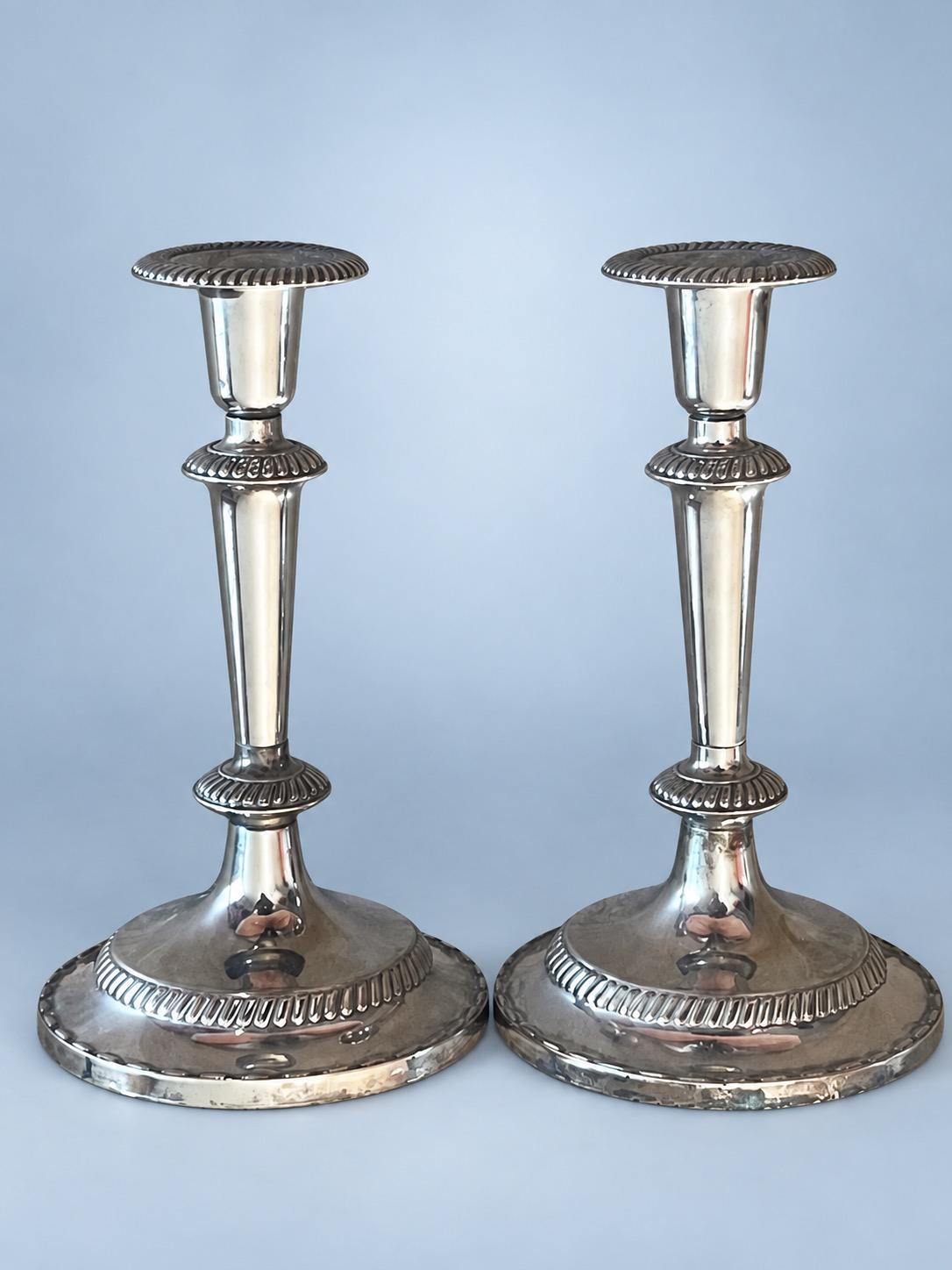 Vintage Pair of Georgian Style Silver-Tone Candlesticks with Gadrooned Borders and Tapering Stems