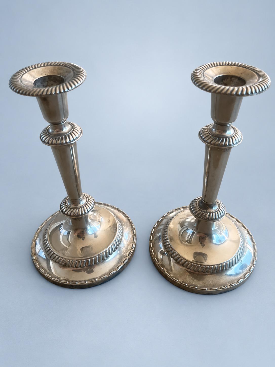 Vintage Pair of Georgian Style Silver-Tone Candlesticks with Gadrooned Borders and Tapering Stems