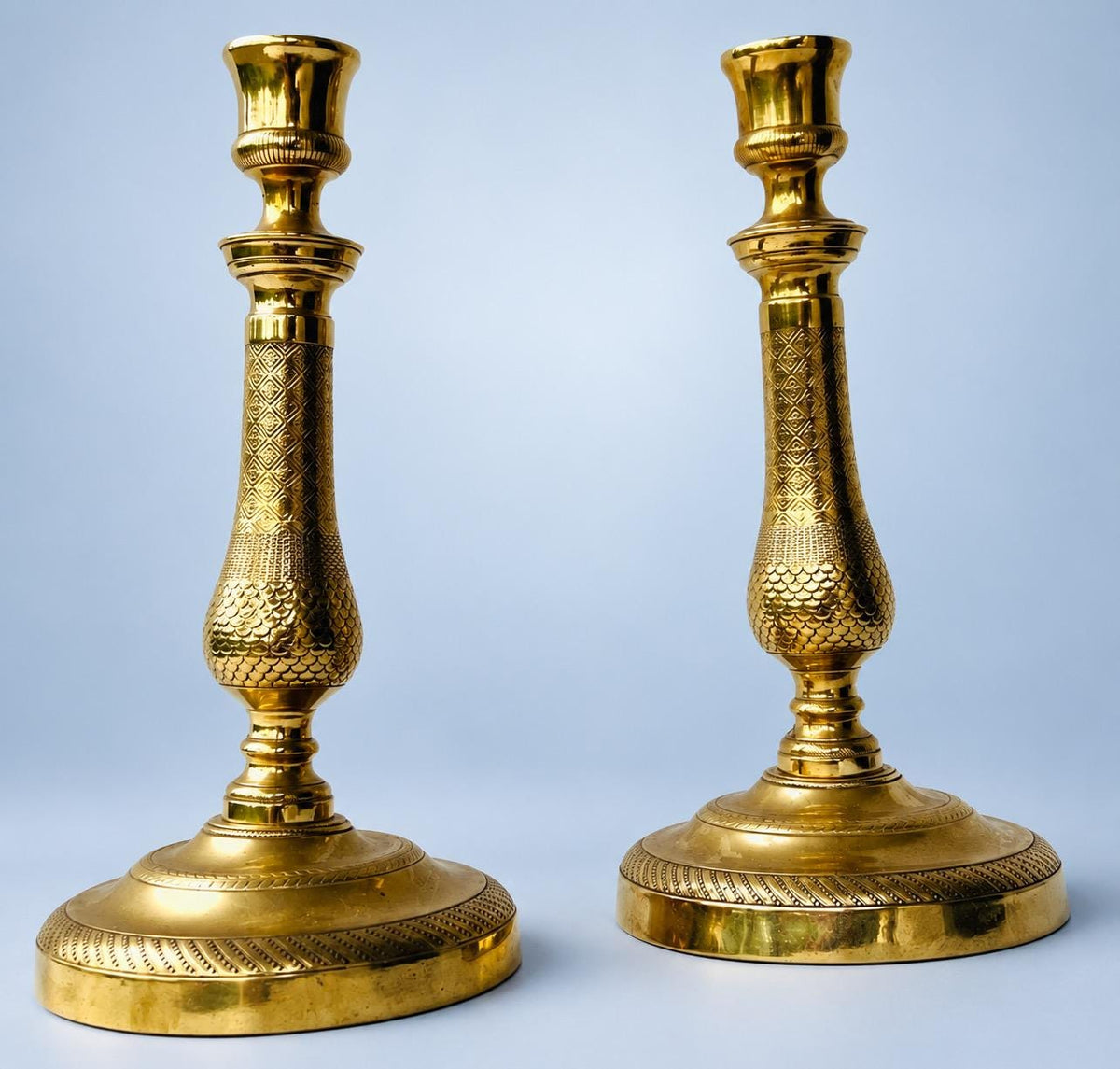 Antique Pair of Restauration Style Brass-Tone Candlesticks, Chased Diaper Pattern Baluster Shafts, Mid 19th Century