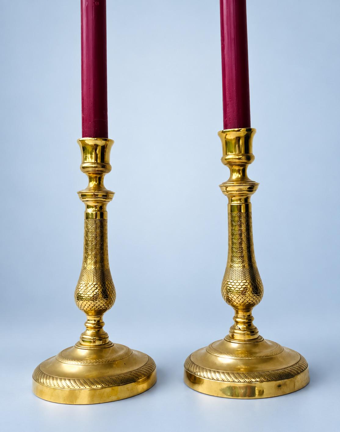 Antique Pair of Restauration Style Brass-Tone Candlesticks, Chased Diaper Pattern Baluster Shafts, Mid 19th Century