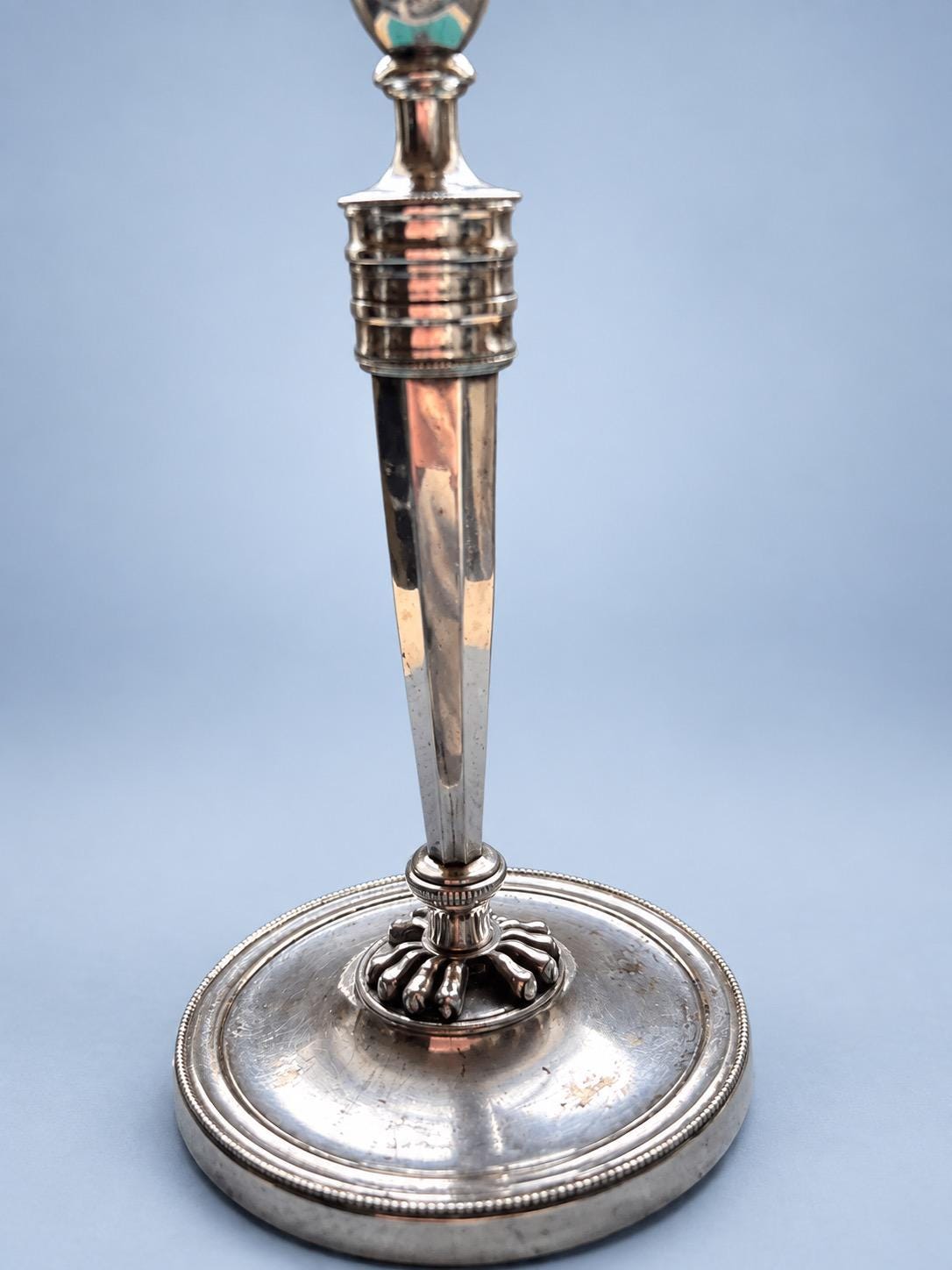 Vintage Empire Style Silver-Tone Candlestick with Tapering Shaft, Ringed Collar and Beaded Round Base
