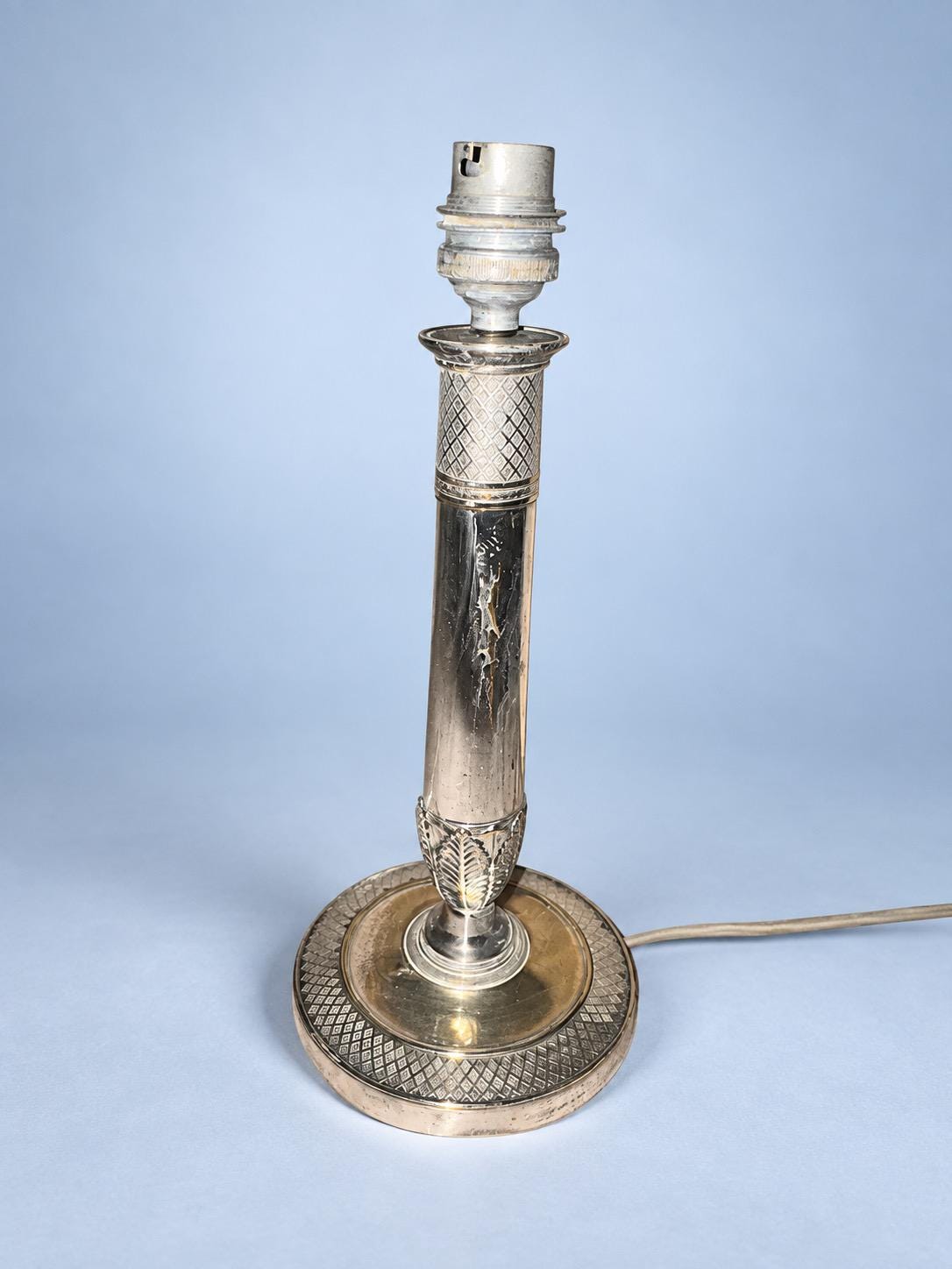 Vintage Empire Style Silver-Tone Candlestick Lamp Base, Palmette Collar and Guilloché Round Base