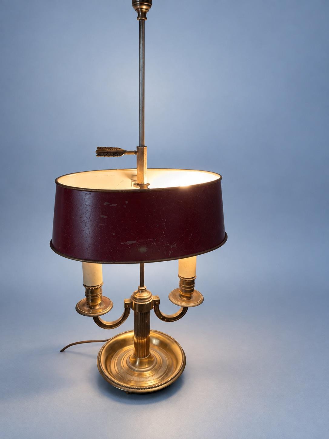 Vintage Empire Style Bouillotte Lamp, Two-Light Brass-Tone Lamp with Adjustable Burgundy Painted Tôle Shade