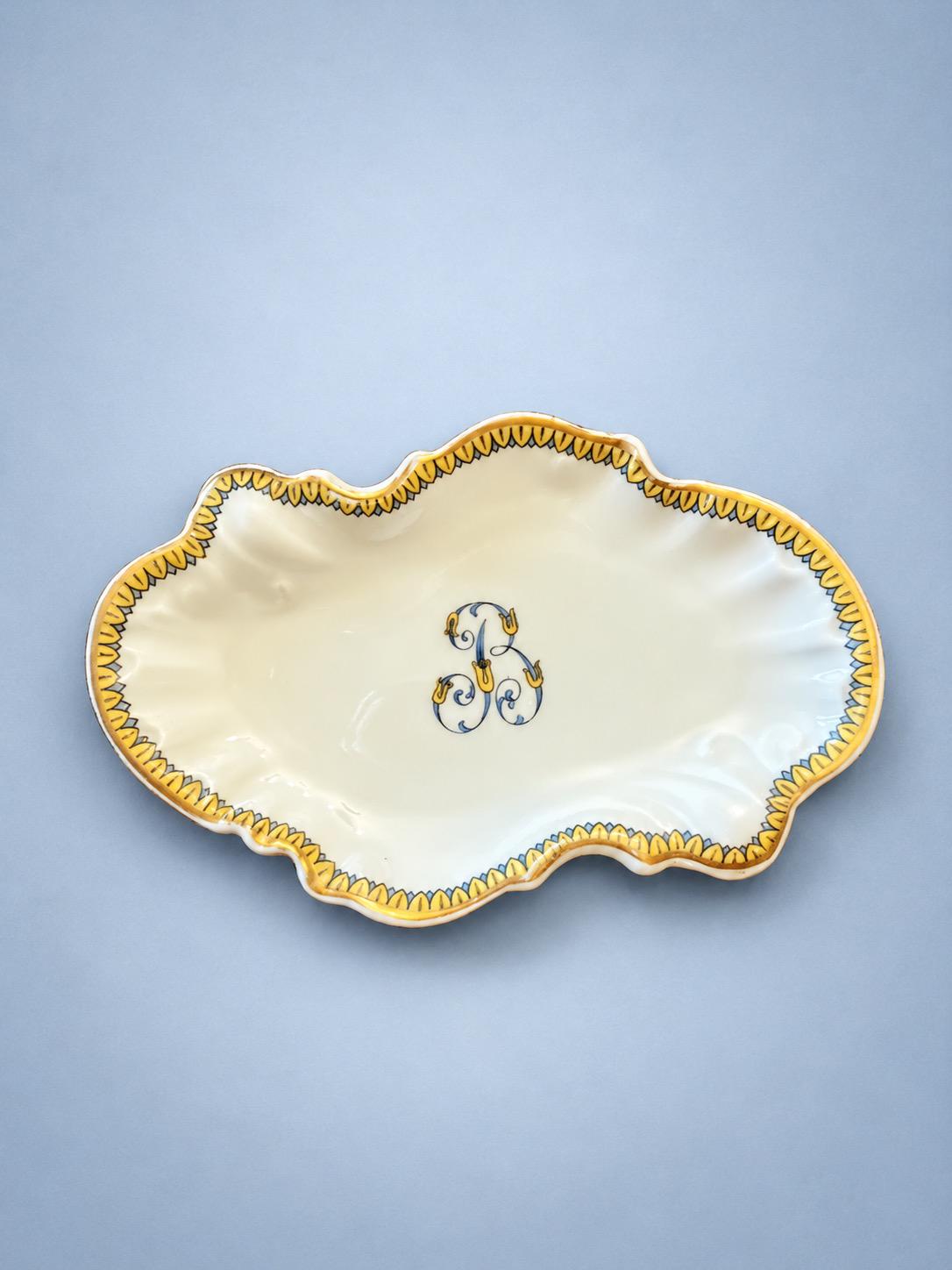 Vintage Shaped White Glazed Ceramic Trinket Dish with Monogram "B", Yellow and Blue Palmette Border and Gilt Rim