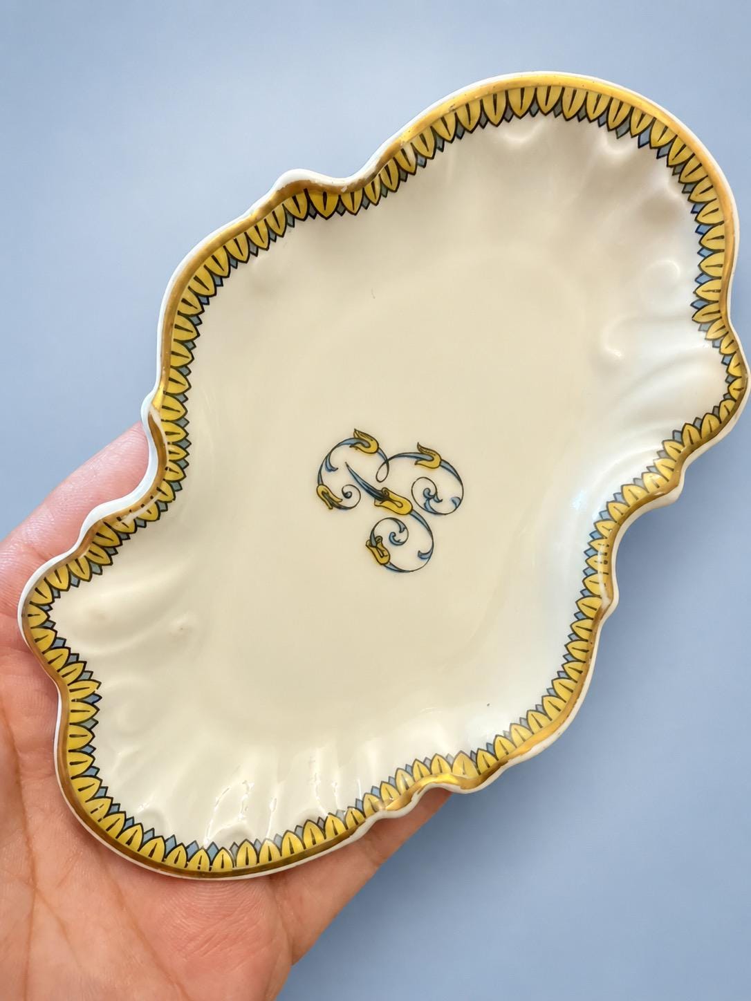 Vintage Shaped White Glazed Ceramic Trinket Dish with Monogram "B", Yellow and Blue Palmette Border and Gilt Rim