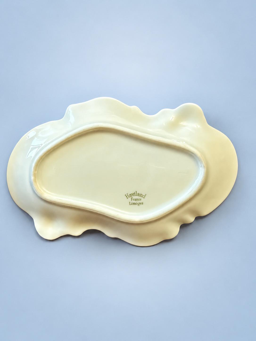 Vintage Shaped White Glazed Ceramic Trinket Dish with Monogram "B", Yellow and Blue Palmette Border and Gilt Rim
