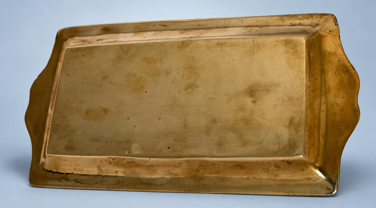 Vintage Japonisme Style Brass-Tone Tray with Pagoda, Torii Gate and Bridge Scenes, Floral Centre