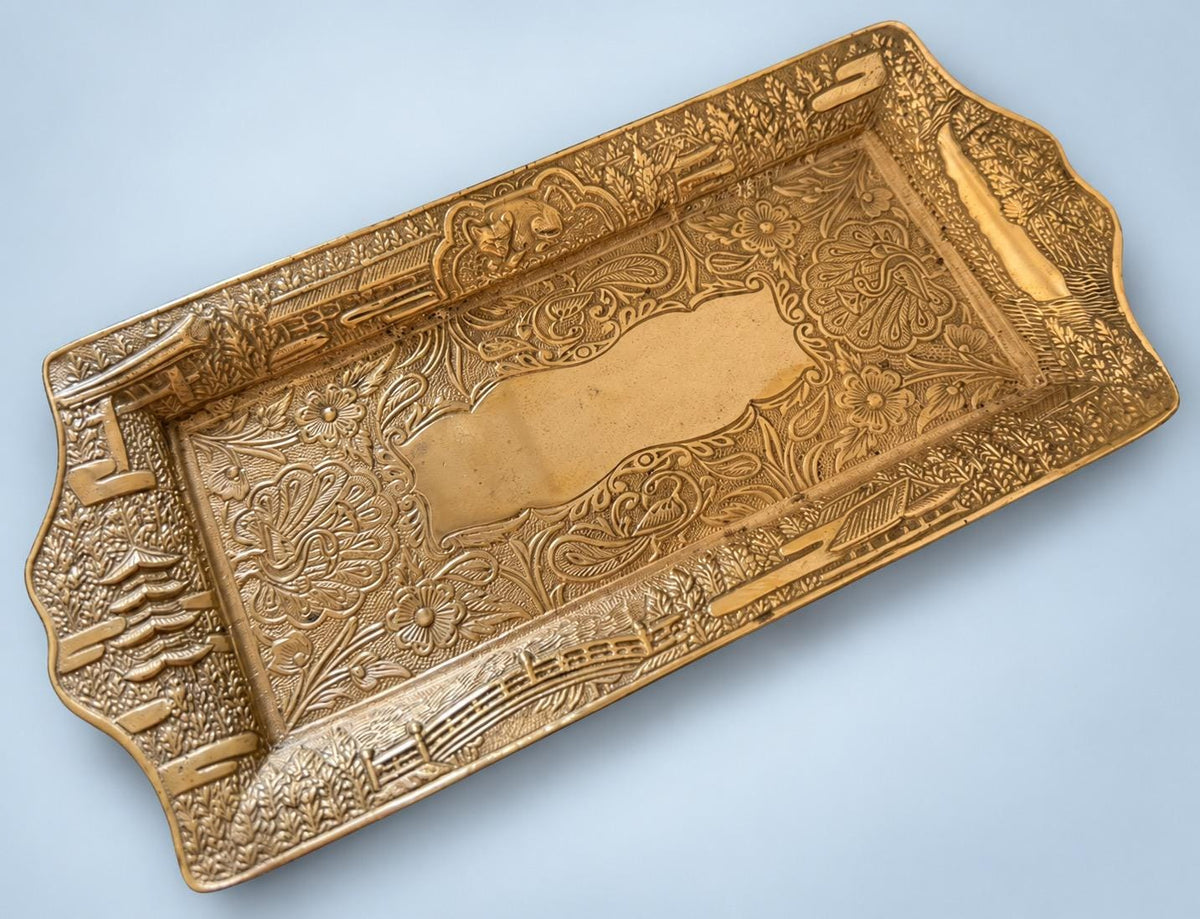 Vintage Japonisme Style Brass-Tone Tray with Pagoda, Torii Gate and Bridge Scenes, Floral Centre