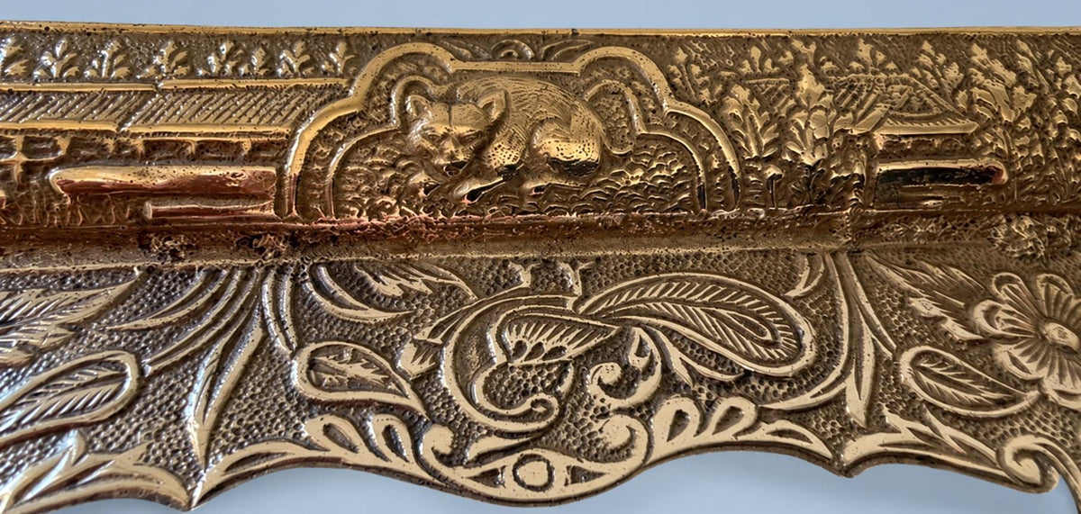 Vintage Japonisme Style Brass-Tone Tray with Pagoda, Torii Gate and Bridge Scenes, Floral Centre