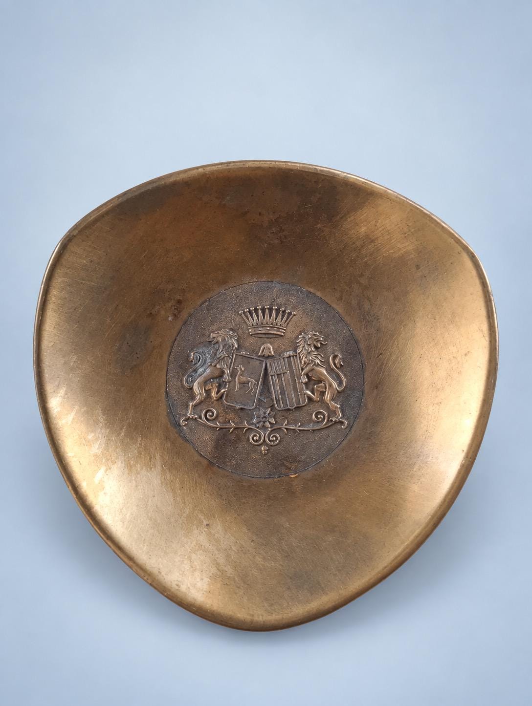 Vintage Brass-Tone Heraldic Trinket Dish, Coat of Arms with Lion Supporters and Coronet, Champagne Collectible