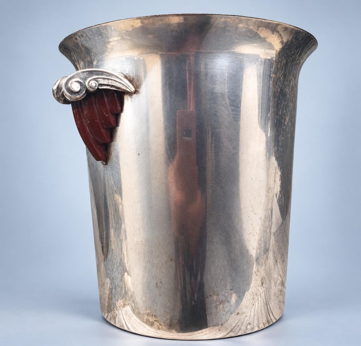 Vintage Art Deco Style Silver-Tone Champagne Bucket with Scroll Mounts and Dark Red-Brown Handles
