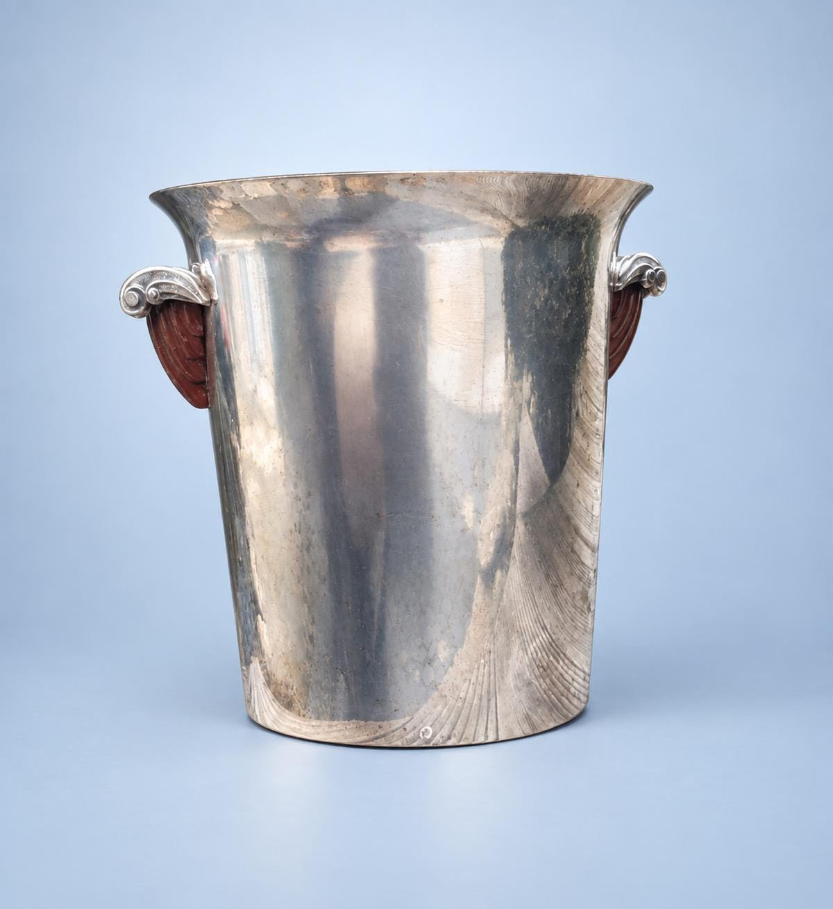 Vintage Art Deco Style Silver-Tone Champagne Bucket with Scroll Mounts and Dark Red-Brown Handles