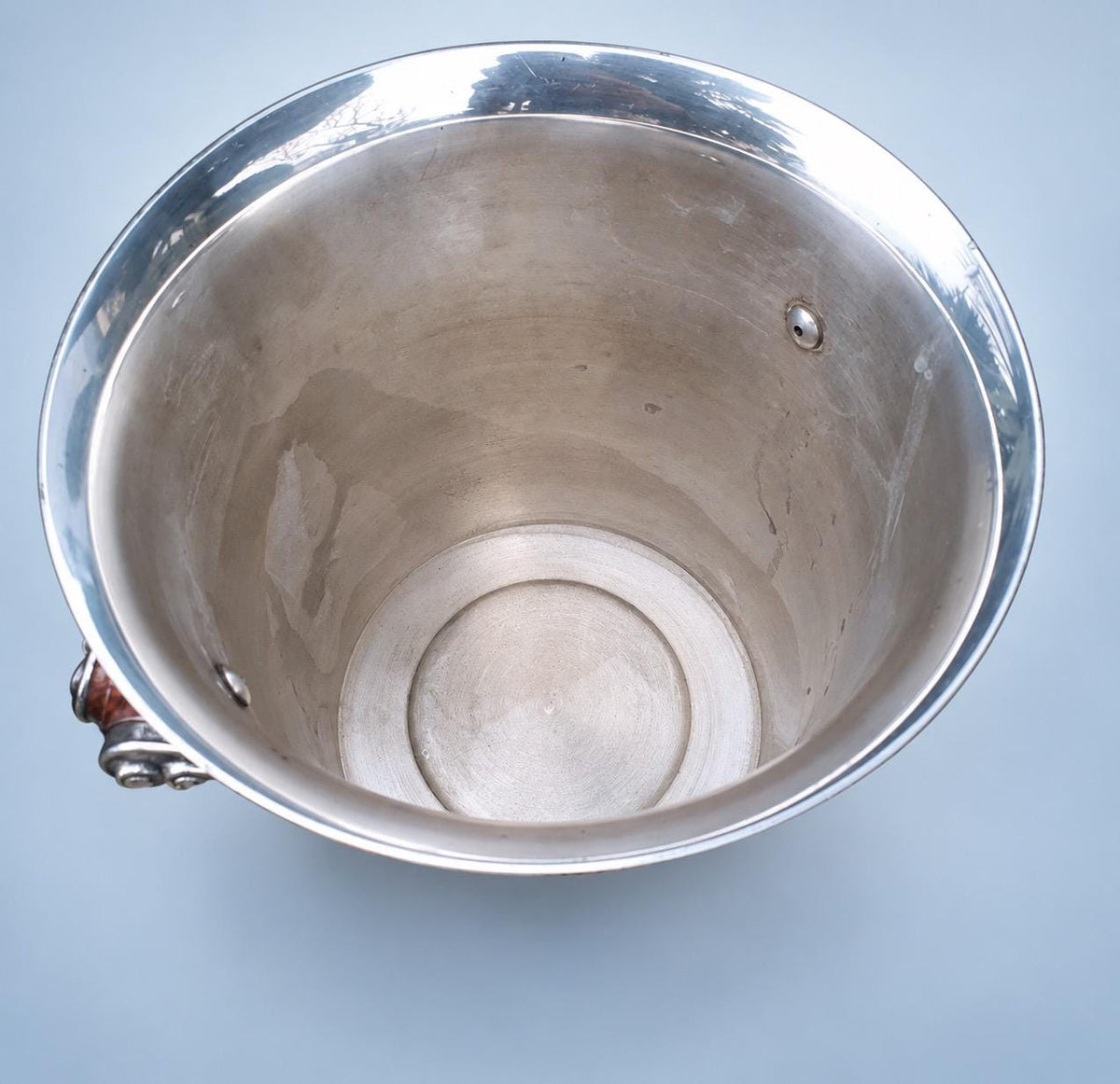 Vintage Art Deco Style Silver-Tone Champagne Bucket with Scroll Mounts and Dark Red-Brown Handles