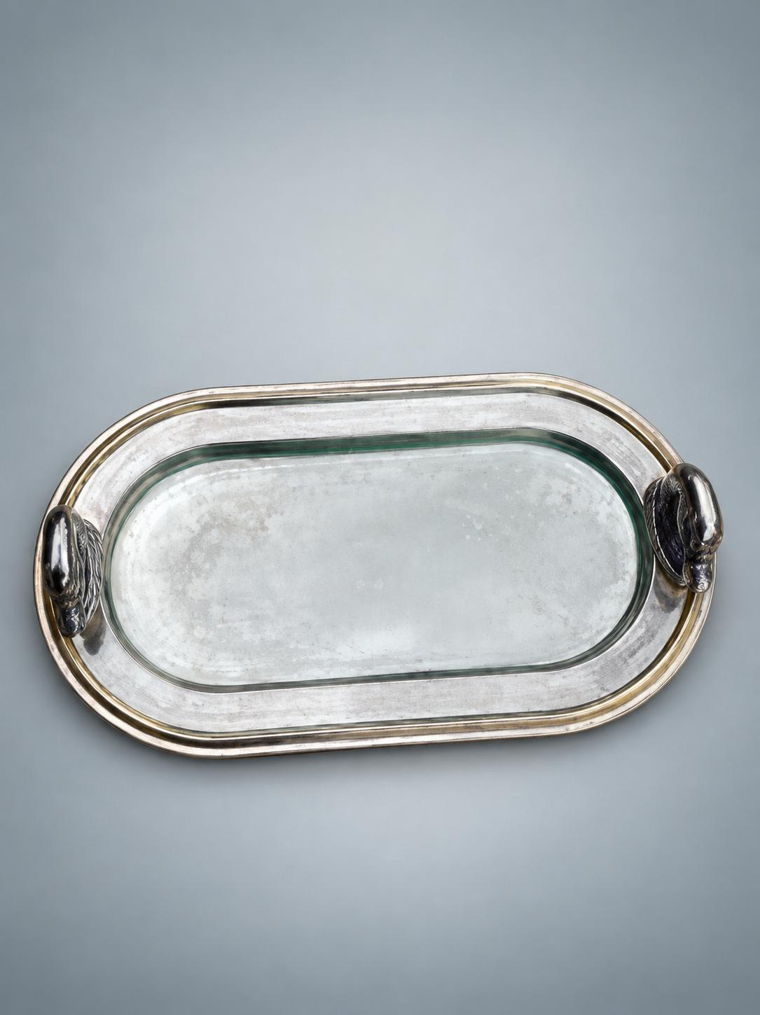 Vintage Silvered Metal Tray with Swan Figure, Oval Serving Dish — Europe, Vintage