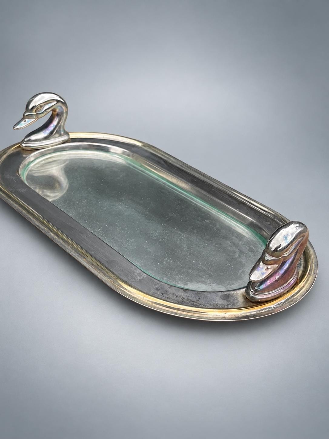 Vintage Silvered Metal Tray with Swan Figure, Oval Serving Dish — Europe, Vintage
