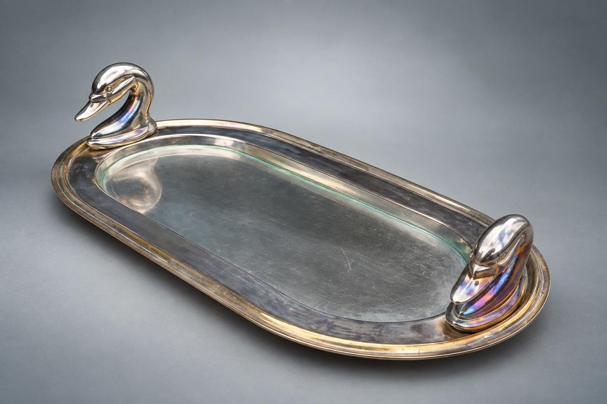 Vintage Silvered Metal Tray with Swan Figure, Oval Serving Dish — Europe, Vintage