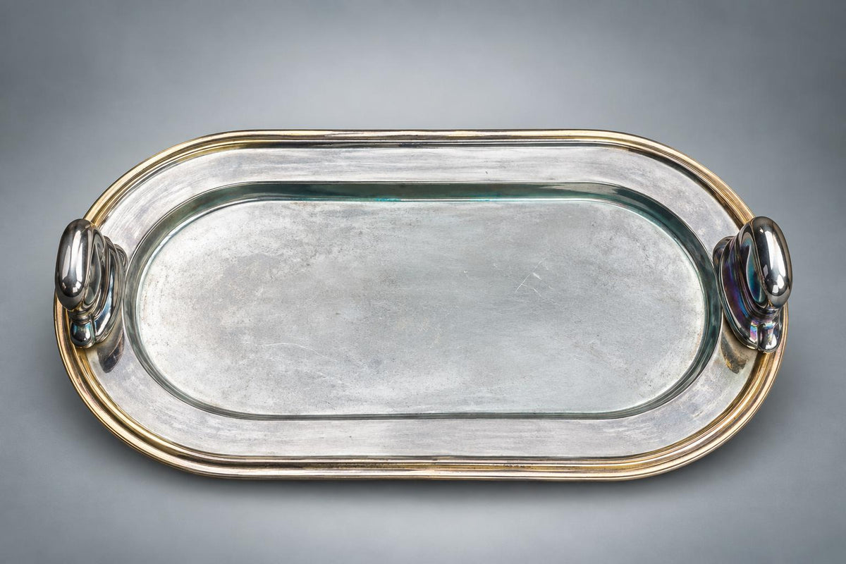 Vintage Silvered Metal Tray with Swan Figure, Oval Serving Dish — Europe, Vintage