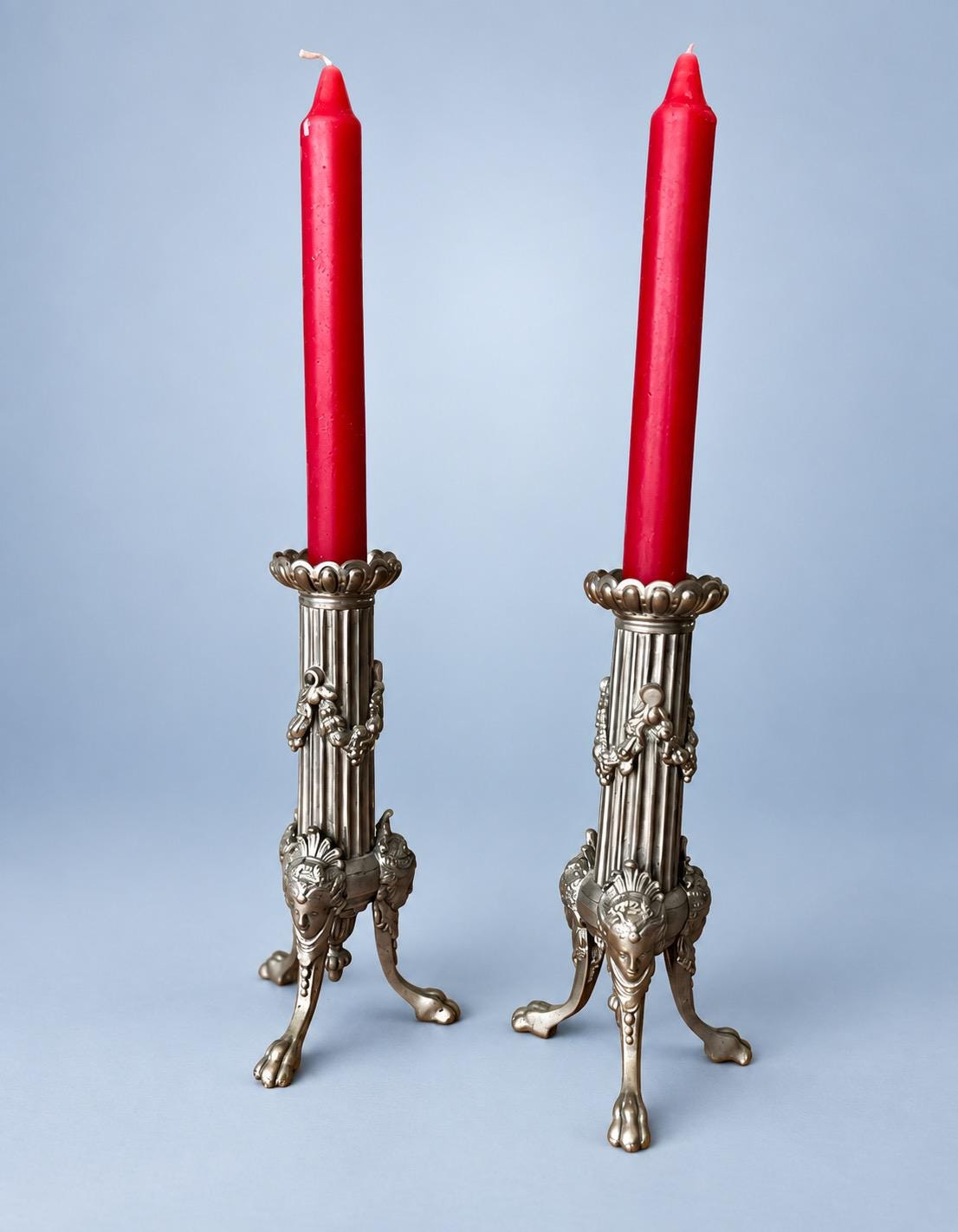 Vintage Pair of Empire Style Silver-Tone Tripod Candlesticks, Fluted Columns, Lion Paw Feet and Classical Heads