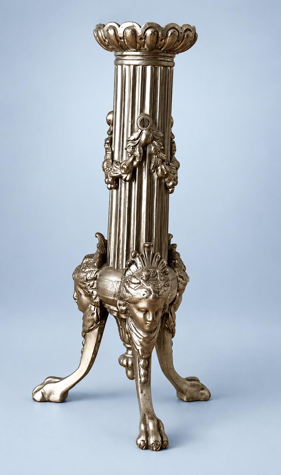 Vintage Pair of Empire Style Silver-Tone Tripod Candlesticks, Fluted Columns, Lion Paw Feet and Classical Heads