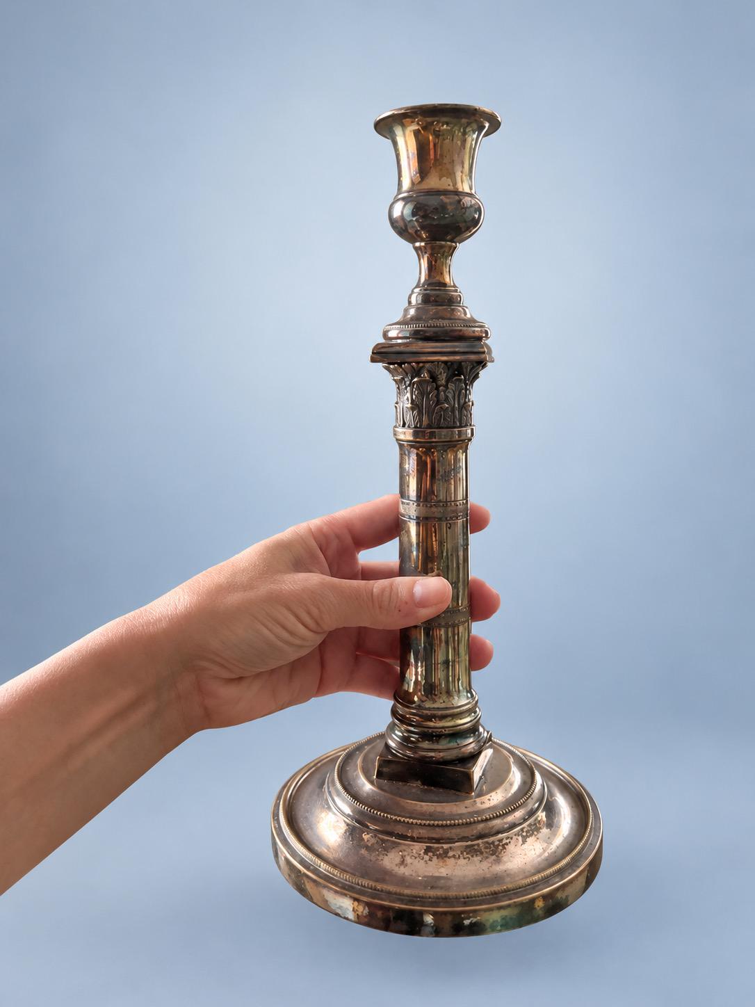 Vintage Empire Style Silver-Tone Column Candlestick with Leaf Capital, Urn Cup and Beaded Round Base