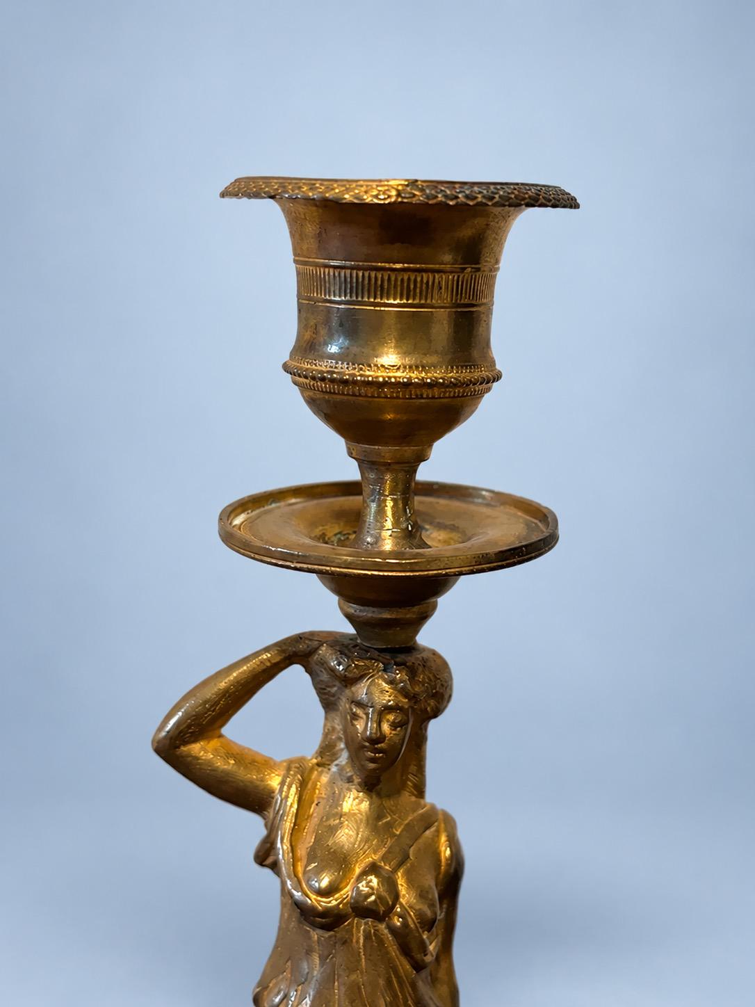 Vintage Empire Style Gilt Metal Caryatid Candlestick, Draped Classical Figure on Square Plinth