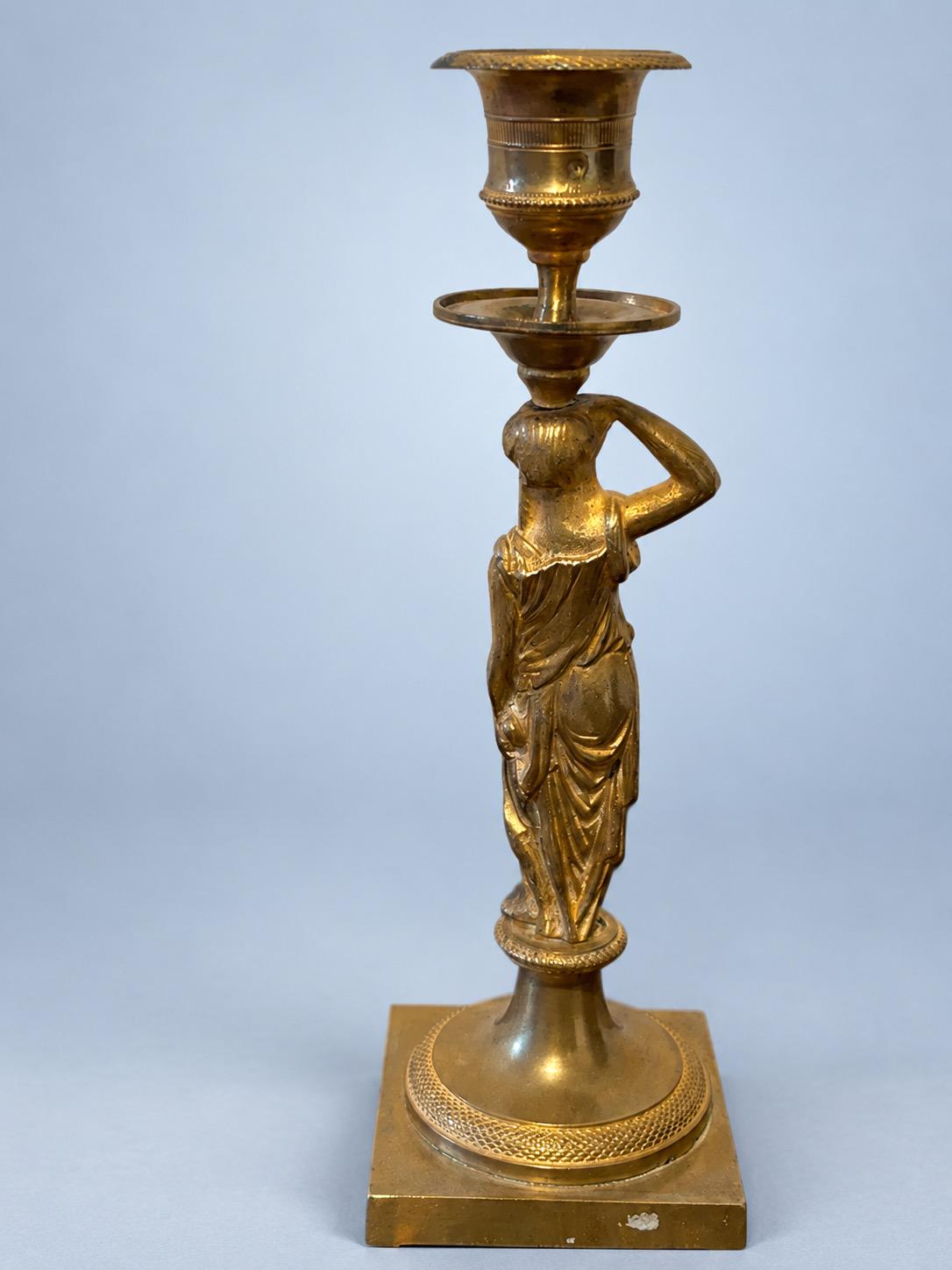 Vintage Empire Style Gilt Metal Caryatid Candlestick, Draped Classical Figure on Square Plinth