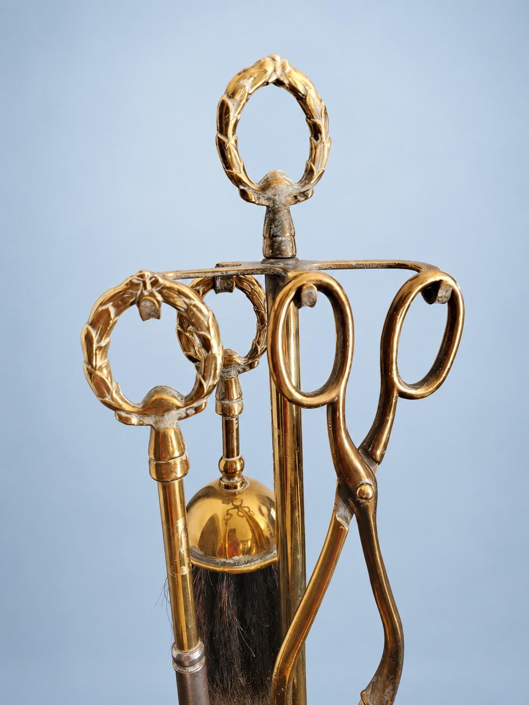 Vintage Small Empire Style Brass-Tone Fireside Companion Set with Laurel Wreath Handles, Stand, Brush, Poker and Tongs