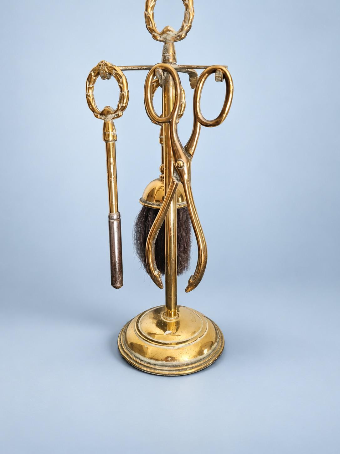 Vintage Small Empire Style Brass-Tone Fireside Companion Set with Laurel Wreath Handles, Stand, Brush, Poker and Tongs