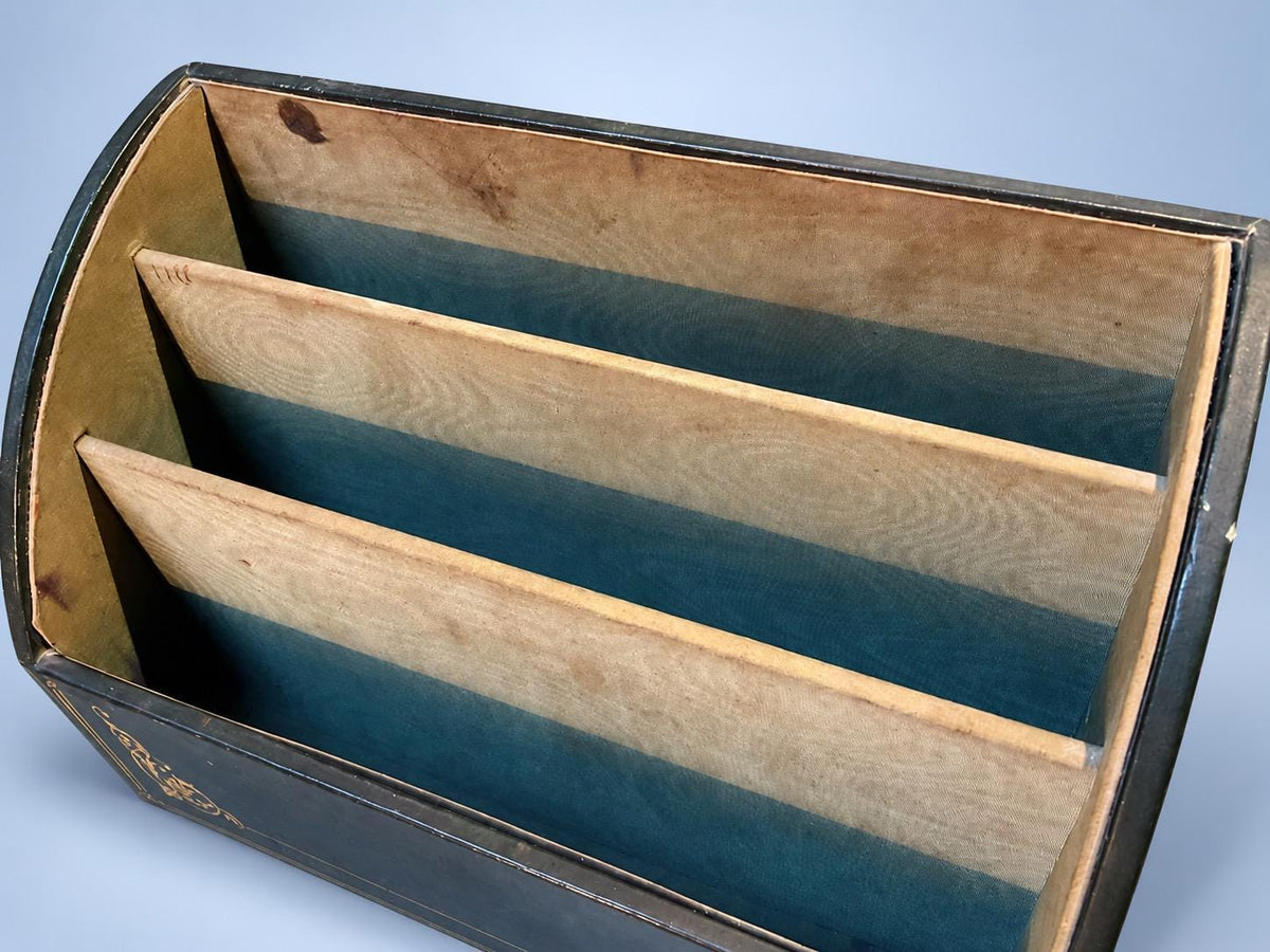 Vintage Green Leather Desk Letter Organizer with Gilt Tooled Scrolls, Three Tiered Compartments